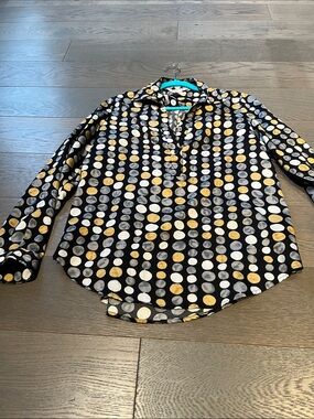 Allison Taylor Black Button-Down Shirt with Gold and White Polka Dots